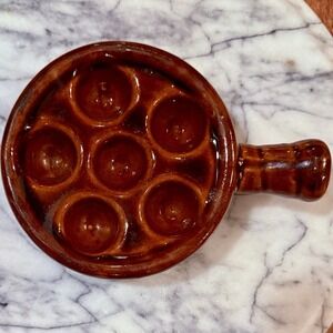 VTG 70s 1970s Brown Glazed Stoneware Escargot Appetizer Oven Baking Handle Dish